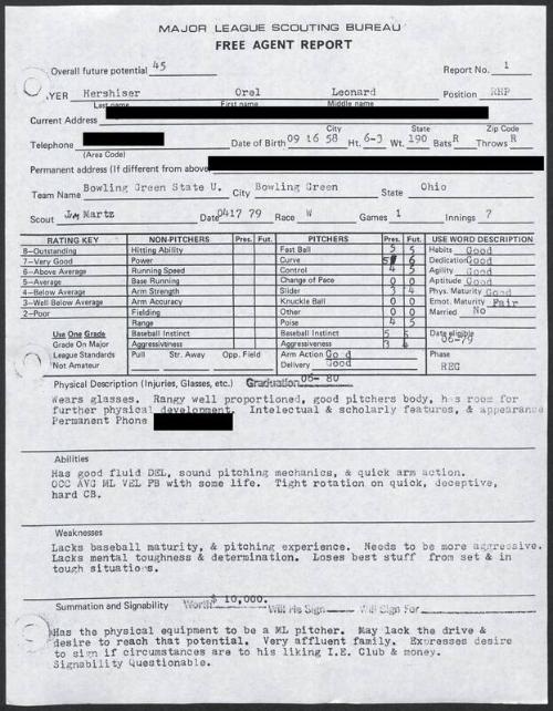 Orel Hershiser scouting report, 1979 April 17