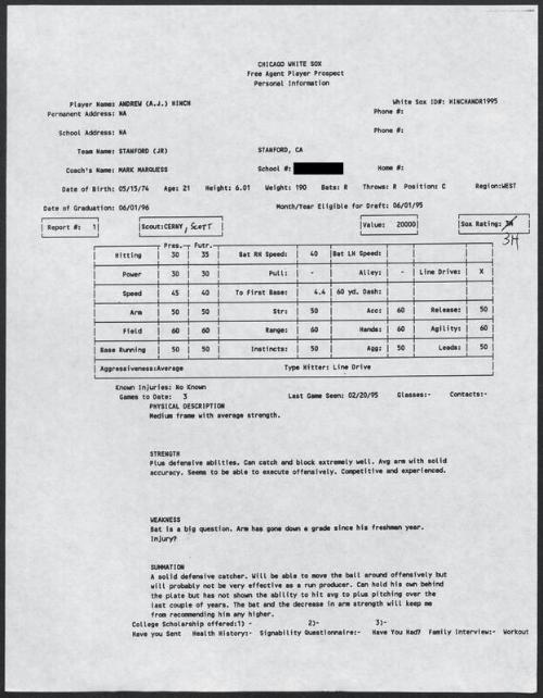 A.J. Hinch scouting report, 1995 February 20