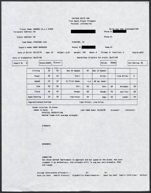 A.J. Hinch scouting report, 1995 February 20