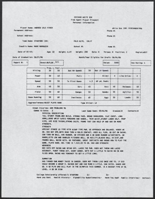 A.J. Hinch scouting report, 1996 May 04