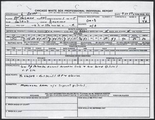 Shawn Holman scouting report, 1989 September 22