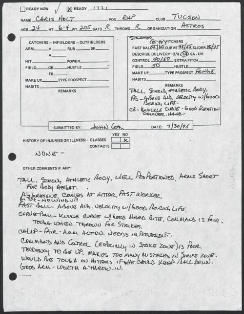 Chris Holt scouting report, 1995 July 30