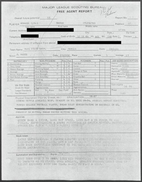 Thomas Howard scouting report, 1986 March 28