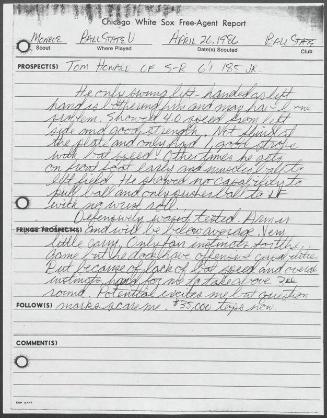 Thomas Howard scouting report, 1986 April 26