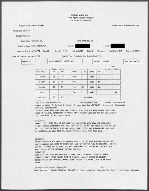 Bob Howry scouting report, 1994 April 16