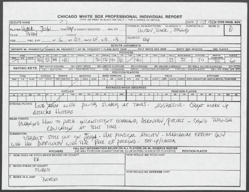 John Hudek scouting report, 1990 July 15