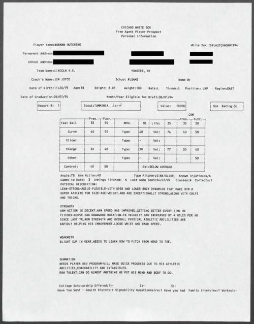 Norm Hutchins scouting report, 1994 April 07