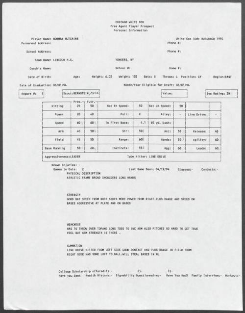 Norm Hutchins scouting report, 1994 April 19