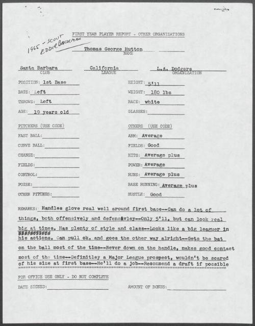 Tom Hutton scouting report, 1965