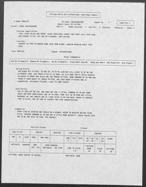 Jason Isringhausen scouting report, 1995 July 10