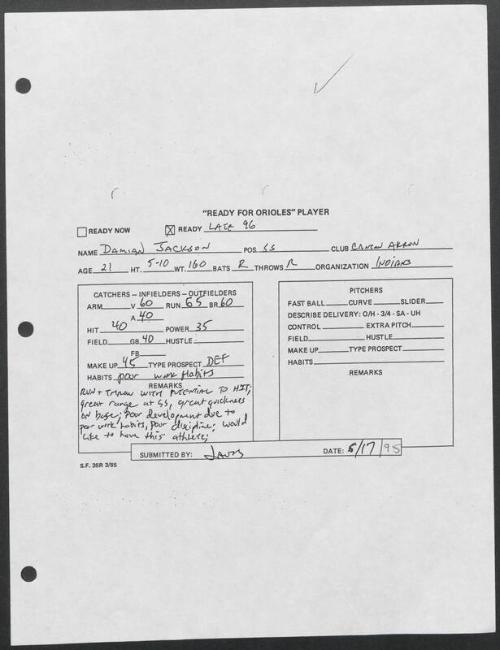 Damian Jackson scouting report, 1995 June 17