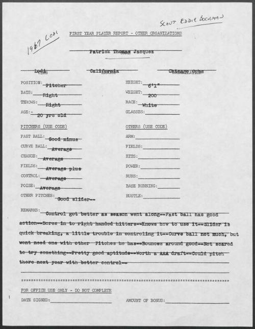 Pat Jacquez scouting report, 1967