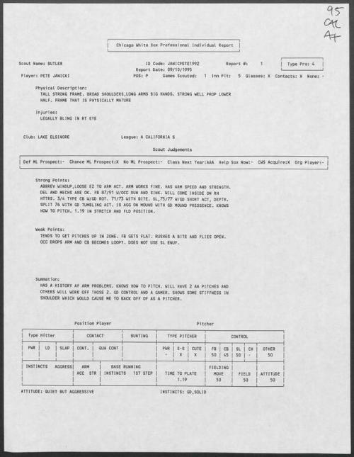 Pete Janicki scouting report, 1995 September 10