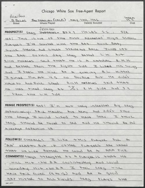 Gregg Jefferies scouting report, 1985 May 07