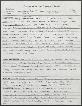 Gregg Jefferies scouting report, 1985 May 07