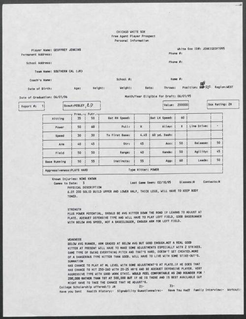 Geoff Jenkins scouting report, 1995 February 18