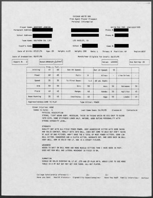 Geoff Jenkins scouting report, 1995 April 09