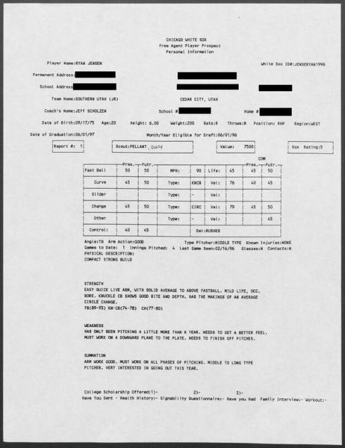 Ryan Jensen scouting report, 1996 February 16