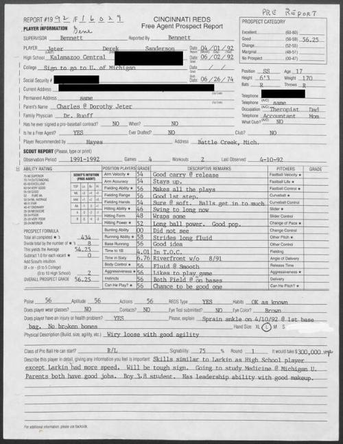 Derek Jeter scouting report, 1992 April 01