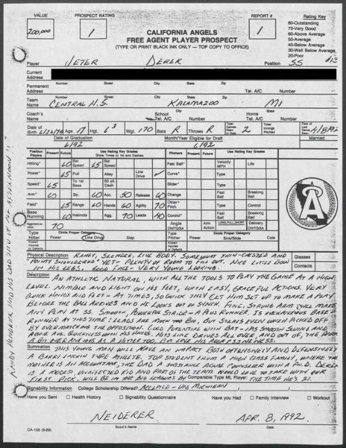 Derek Jeter scouting report, 1992 April 08