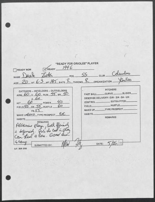 Derek Jeter scouting report, 1995 May 26