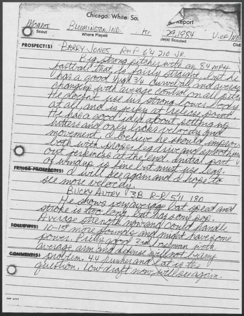 Barry Jones scouting report, 1984 April 29