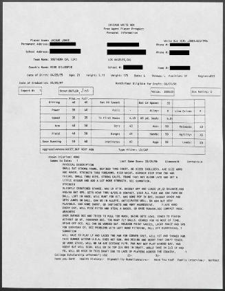 Jacque Jones scouting report, 1996 March 05