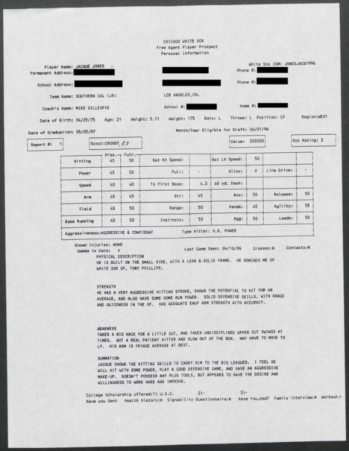 Jacque Jones scouting report, 1996 April 16