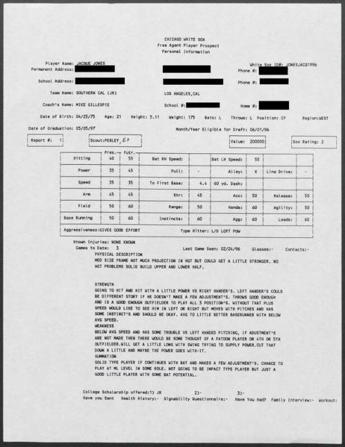 Jacque Jones scouting report, 1996 February 24