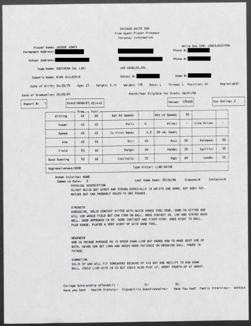 Jacque Jones scouting report, 1996 March 24