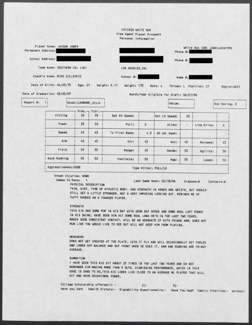 Jacque Jones scouting report, 1996 February 18