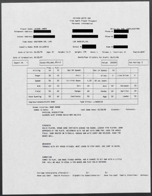 Jacque Jones scouting report, 1996 April 28