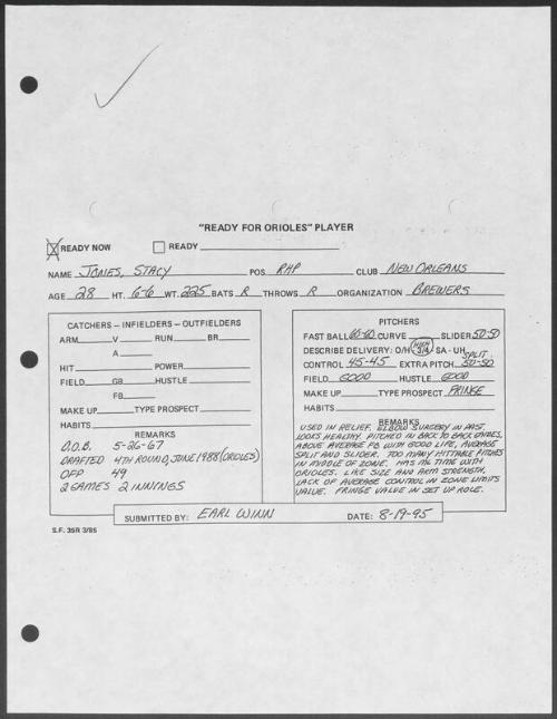 Stacy Jones scouting report, 1995 August 19