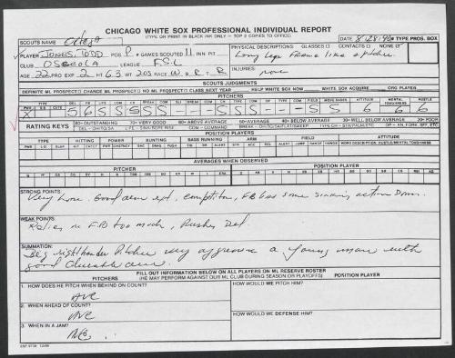 Todd Jones scouting report, 1990 August 28