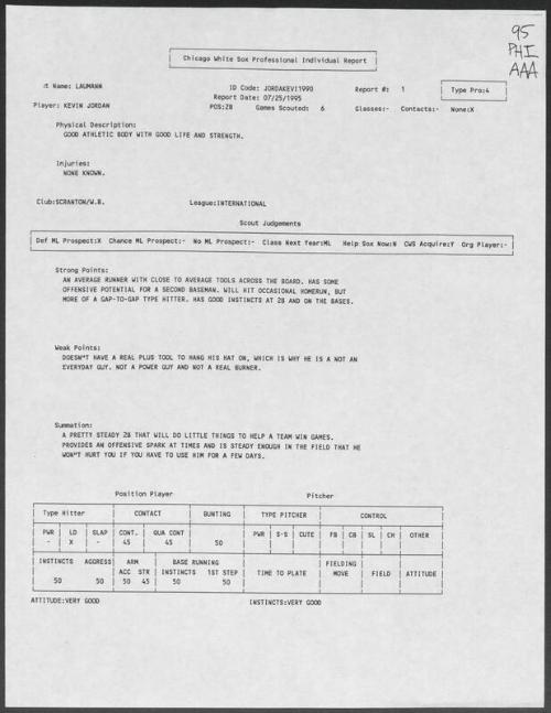 Kevin Jordan scouting report, 1995 July 25