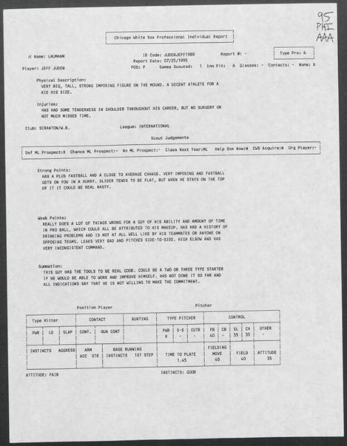 Jeff Juden scouting report, 1995 July 25