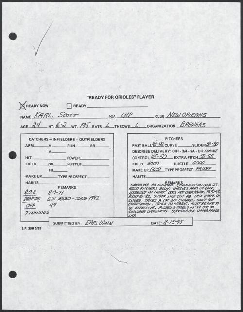 Scott Karl scouting report, 1995 August 15