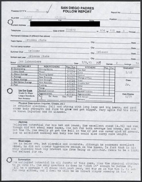 Mike Kelly scouting report, 1989 July 09-10