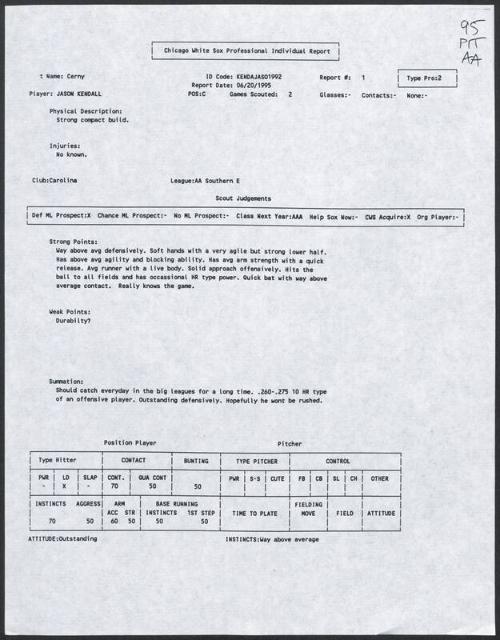 Jason Kendall scouting report, 1995 June 20