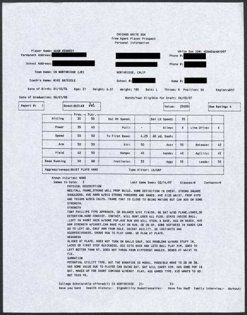 Adam Kennedy scouting report, 1997 February 14