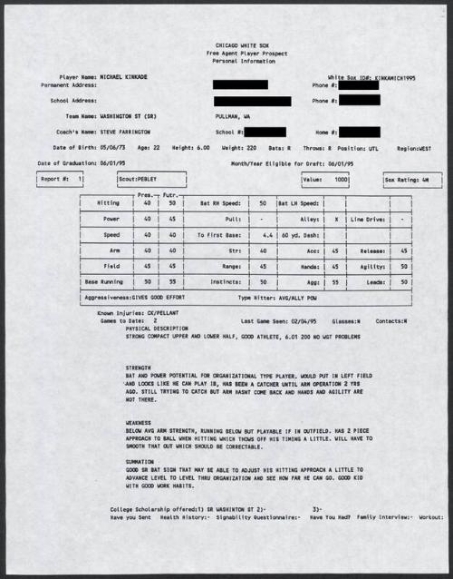 Mike Kinkade scouting report, 1995 February 04