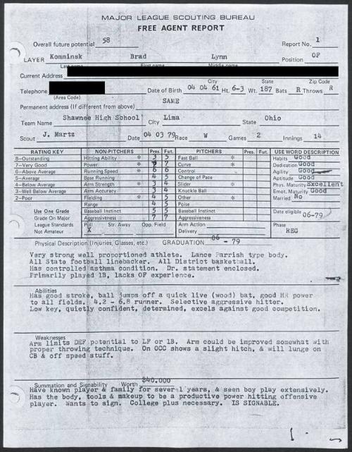 Brad Komminsk scouting report, 1979 April 03