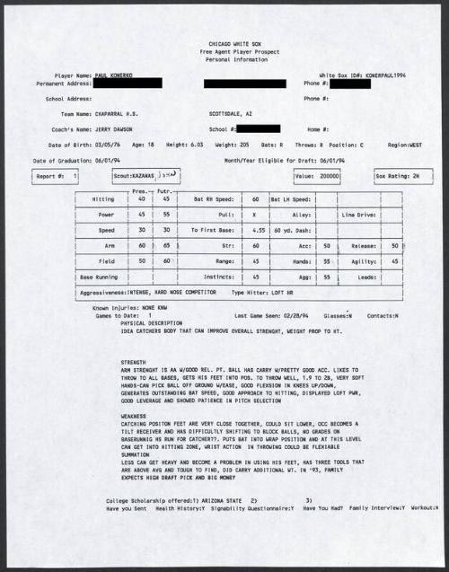 Paul Konerko scouting report, 1994 February 28