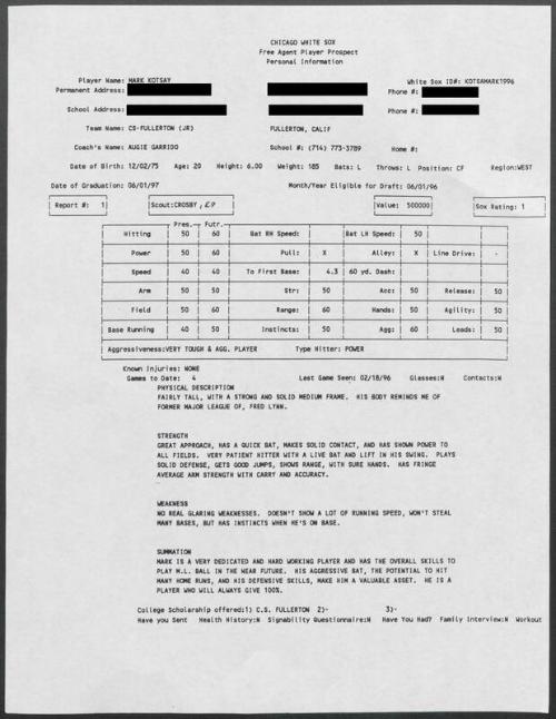 Mark Kotsay scouting report, 1996 February 18