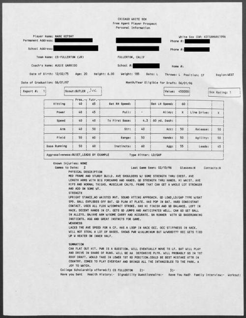 Mark Kotsay scouting report, 1996 February 10