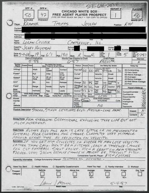 Tom Kramer scouting report, 1987 May 04