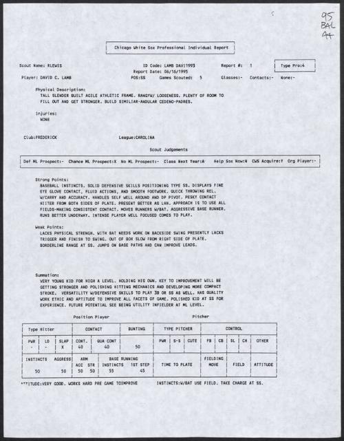 David Lamb scouting report, 1995 June 16