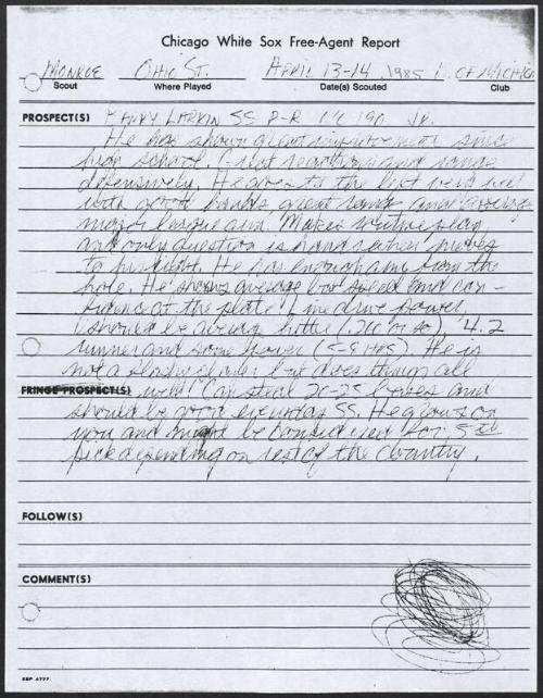 Barry Larkin scouting report, 1985 April 13-14