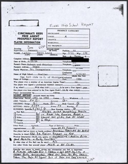 Barry Larkin scouting report, 1982 June 01