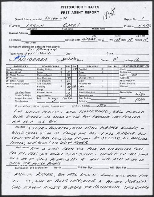 Barry Larkin scouting report, 1983 August 15-17